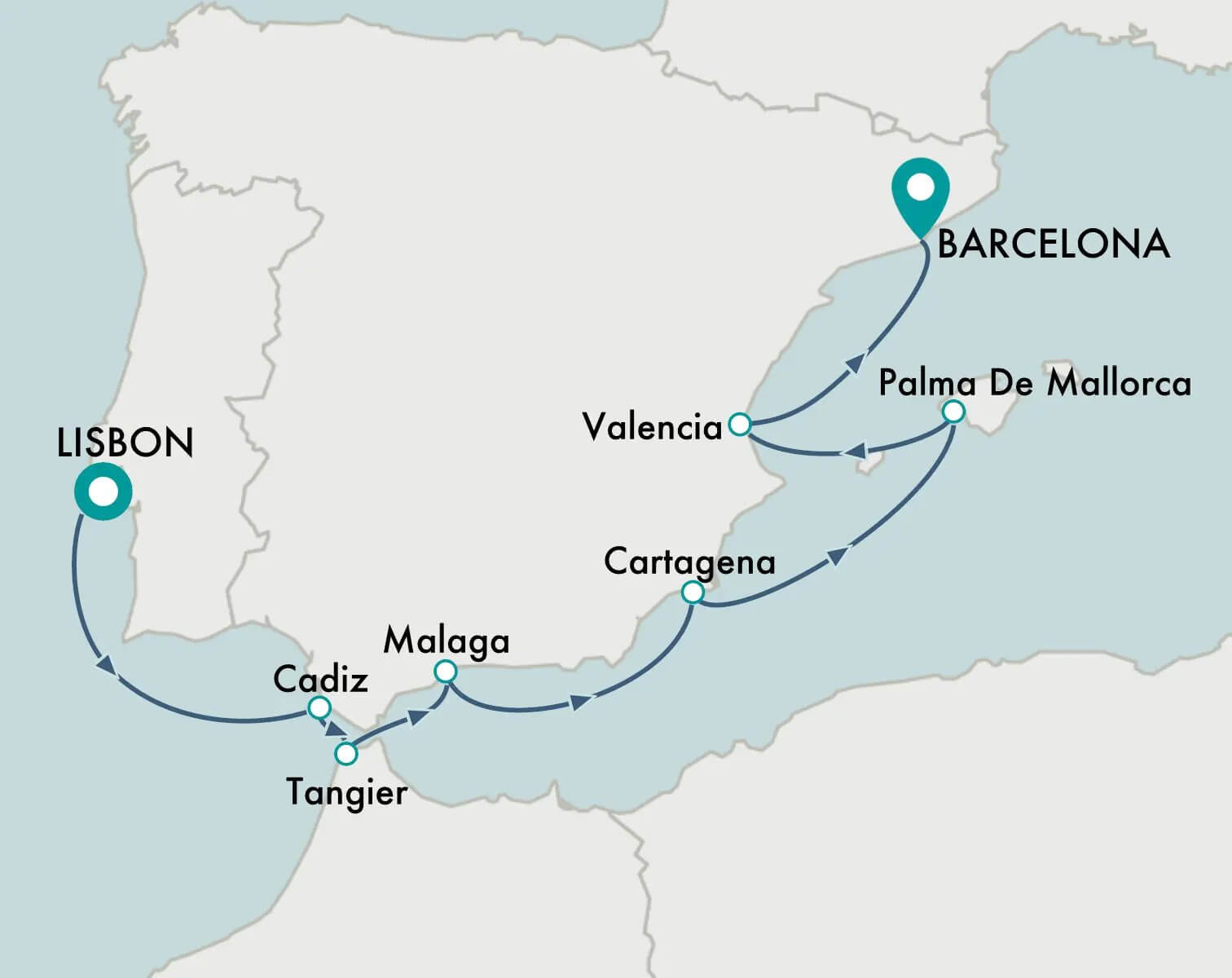 Cruise Map - Lisbon to Barcelona