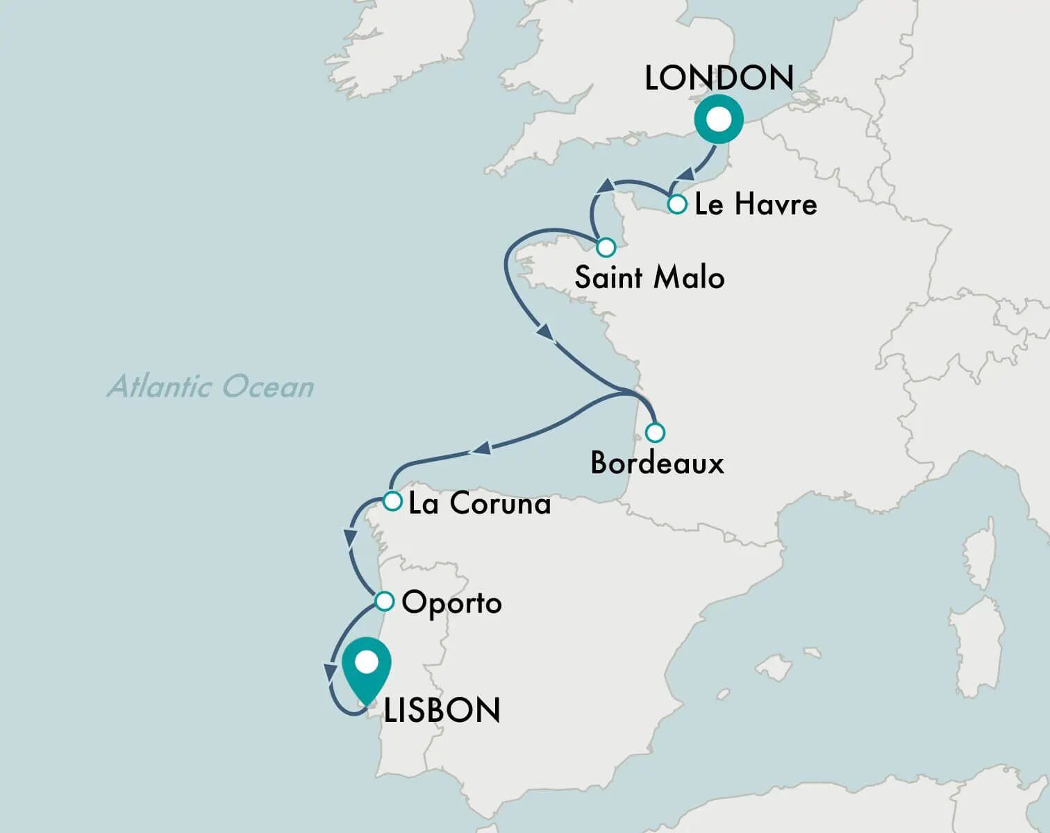 Cruise Map - London (Dover) to Lisbon