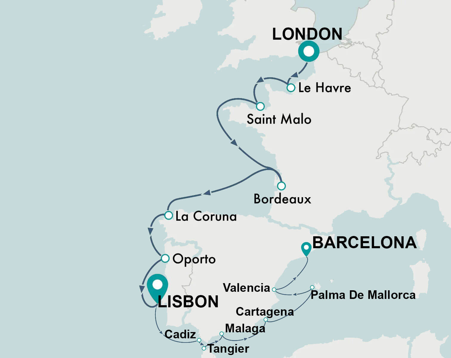 crystal cruise map london to barcelona